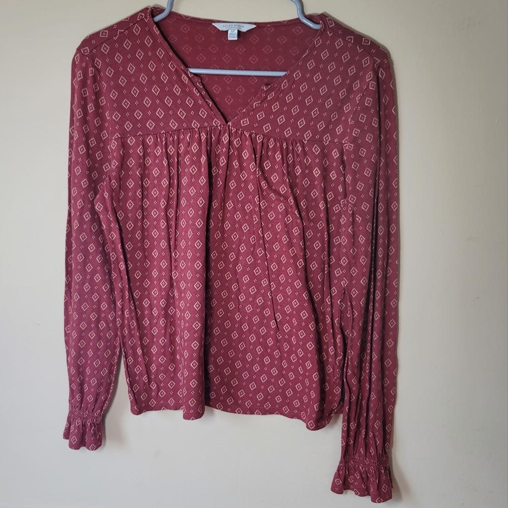 Lucky Brand Red Smocked Ruffled Blouse